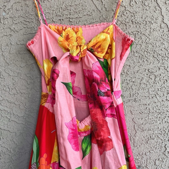 FARM RIO NWT Pink & Yellow Floral Printed Mixed Chita Tie Back Linen Midi Dress - Picture 12 of 16